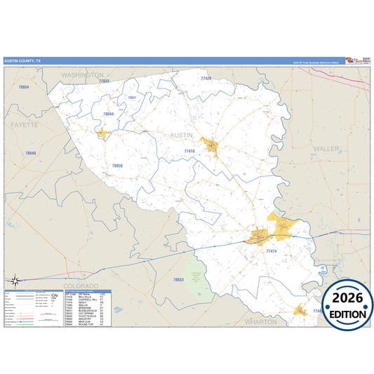 Austin County, TX Business Reference 5 Digit ZIP Code Wall Map