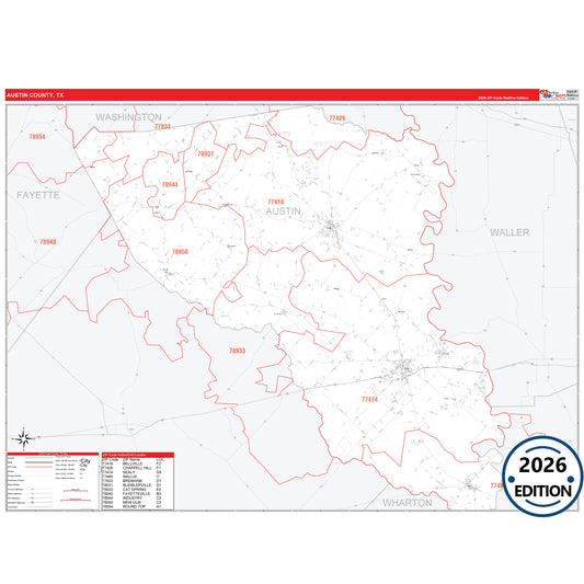 Austin County, TX Red Line 5 Digit ZIP Code Wall Map