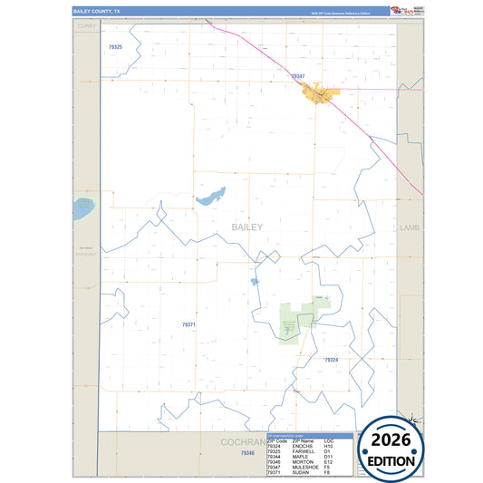 Bailey County, TX Business Reference 5 Digit ZIP Code Wall Map