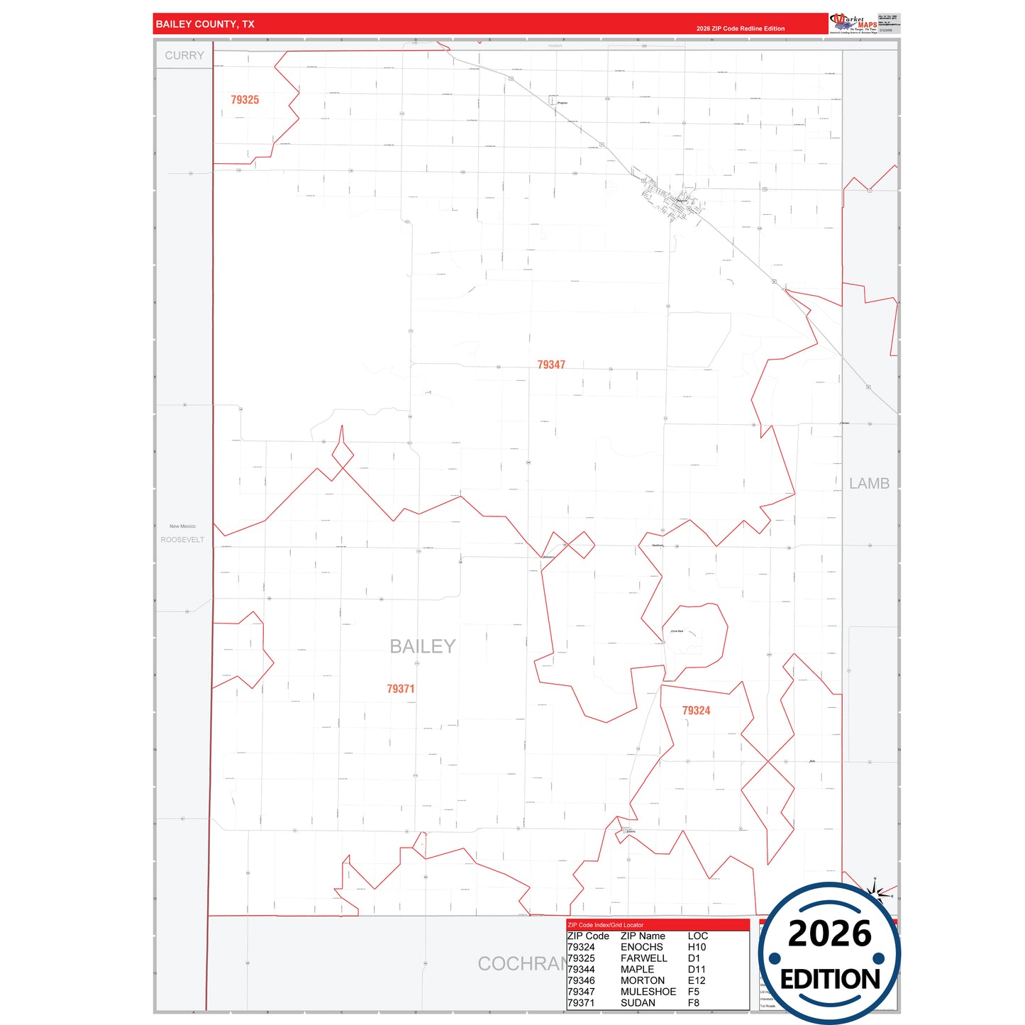 Bailey County, TX Red Line 5 Digit ZIP Code Wall Map