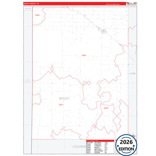 Bailey County, TX Red Line 5 Digit ZIP Code Wall Map