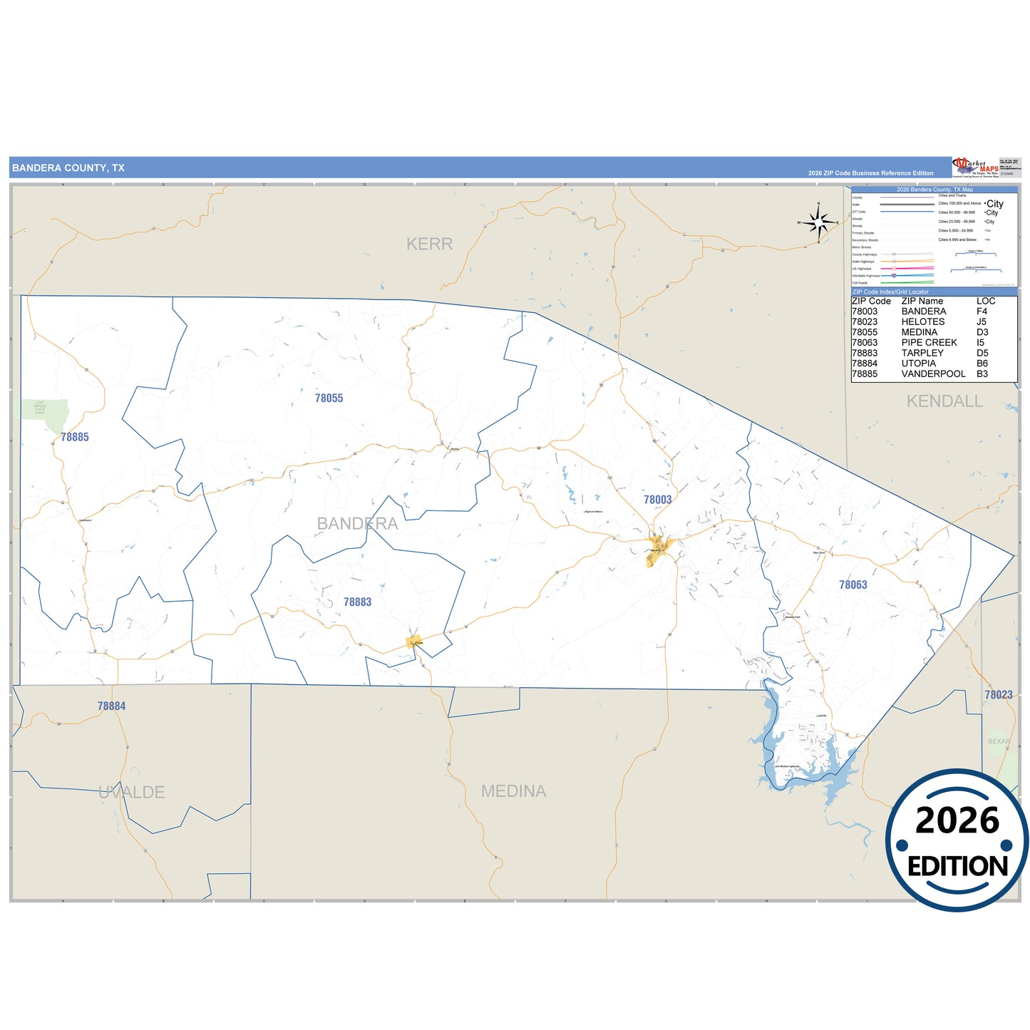 Bandera County, TX Business Reference 5 Digit ZIP Code Wall Map