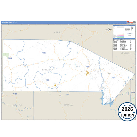 Bandera County, TX Business Reference 5 Digit ZIP Code Wall Map