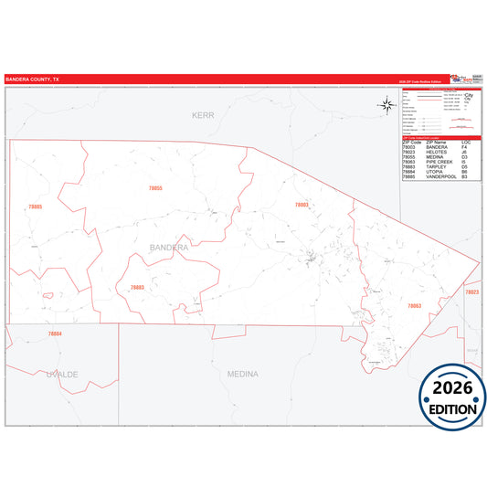Bandera County, TX Red Line 5 Digit ZIP Code Wall Map