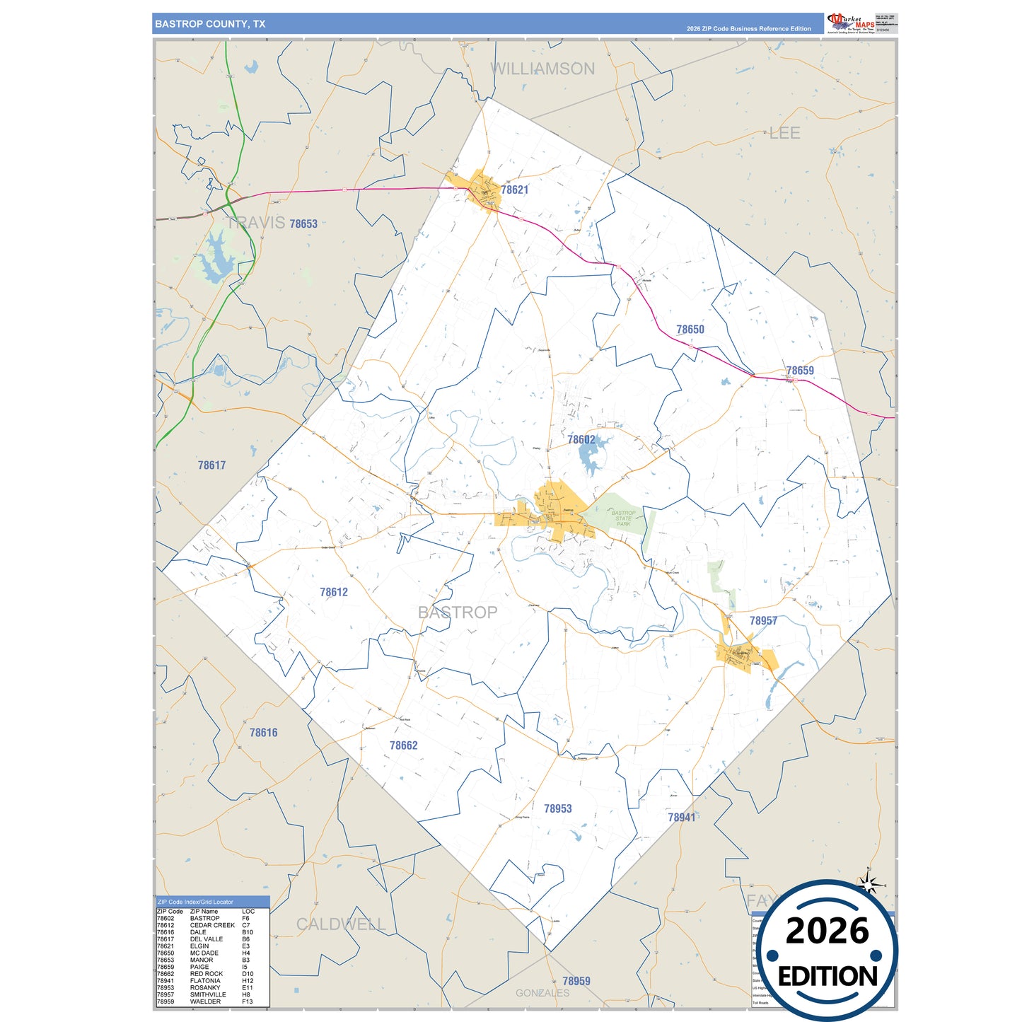 Bastrop County, TX Business Reference 5 Digit ZIP Code Wall Map