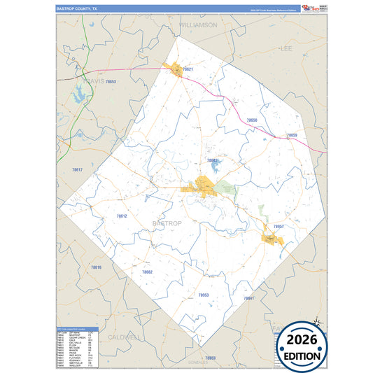 Bastrop County, TX Business Reference 5 Digit ZIP Code Wall Map