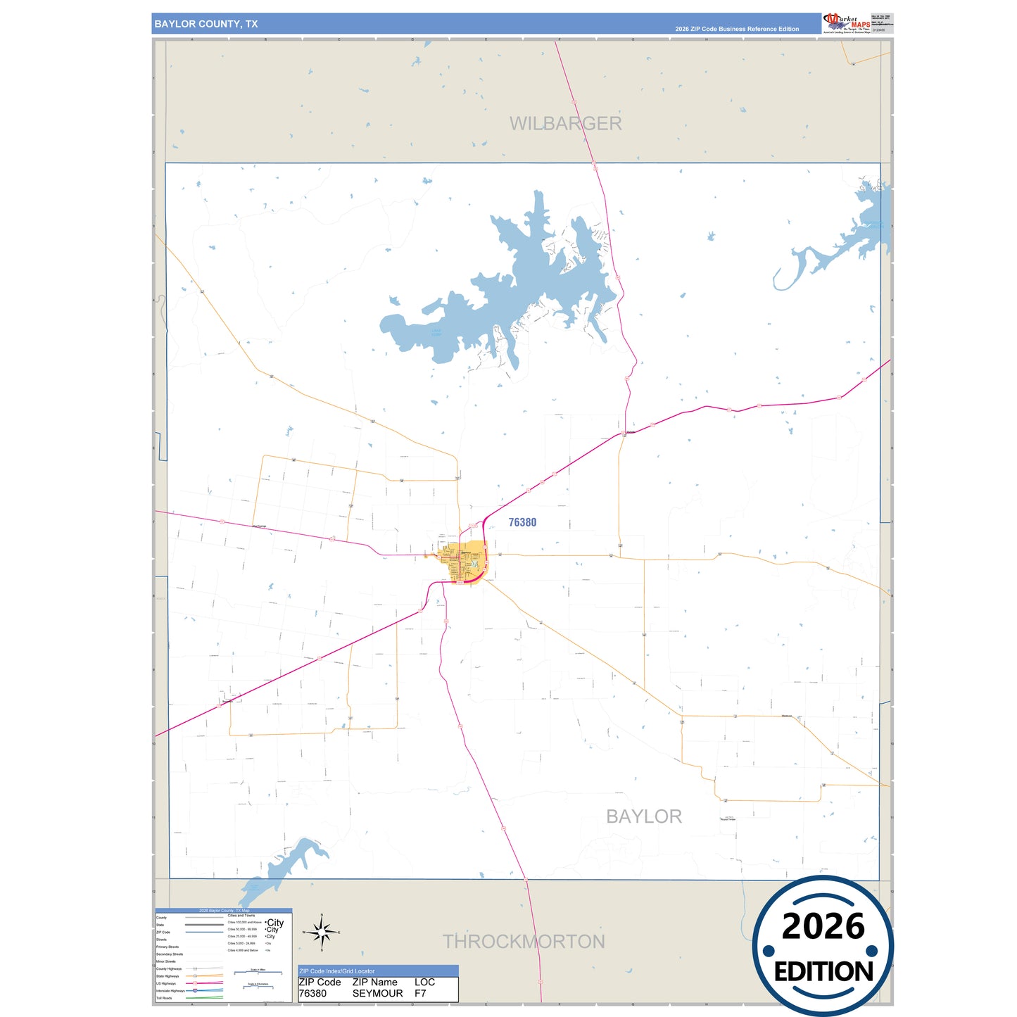 Baylor County, TX Business Reference 5 Digit ZIP Code Wall Map