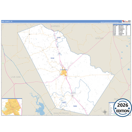 Bee County, TX Business Reference 5 Digit ZIP Code Wall Map