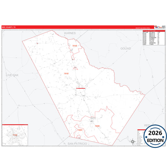 Bee County, TX Red Line 5 Digit ZIP Code Wall Map