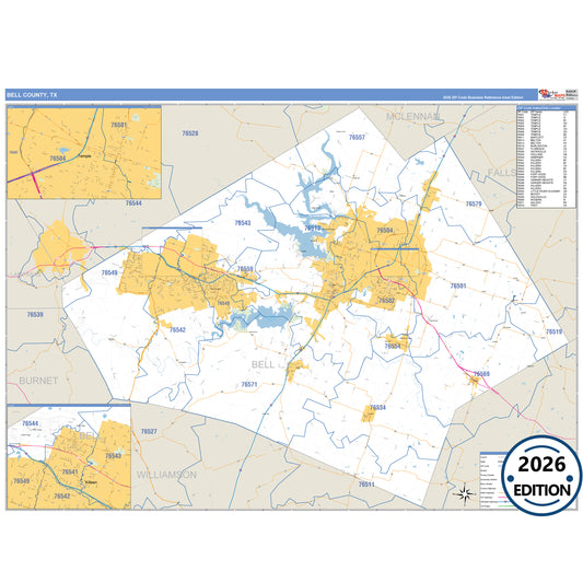 Bell County, TX Business Reference 5 Digit ZIP Code Wall Map