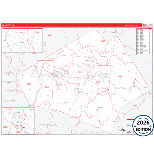 Bell County, TX Red Line 5 Digit ZIP Code Wall Map