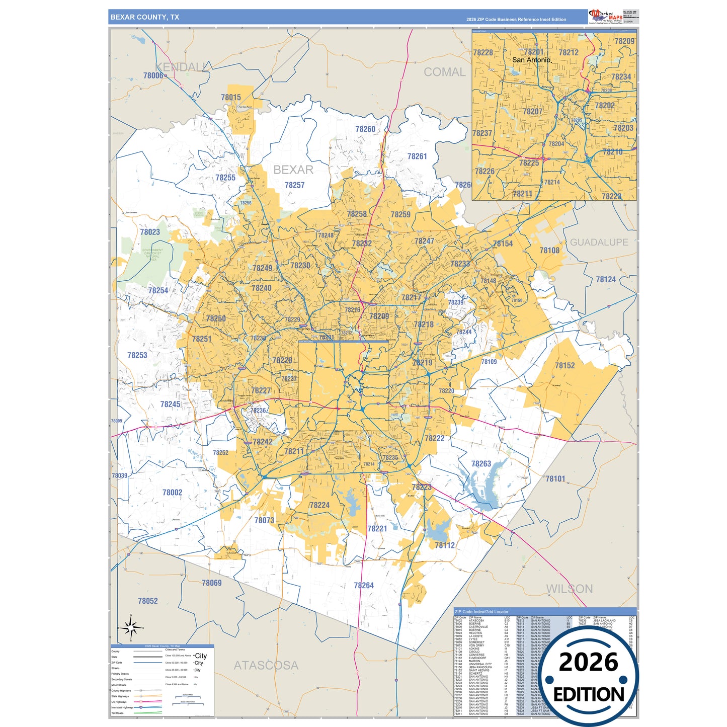 Bexar County, TX Business Reference 5 Digit ZIP Code Wall Map