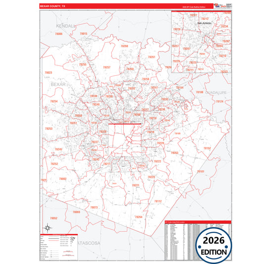 Bexar County, TX Red Line 5 Digit ZIP Code Wall Map