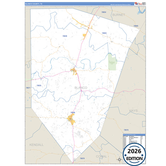 Blanco County, TX Business Reference 5 Digit ZIP Code Wall Map