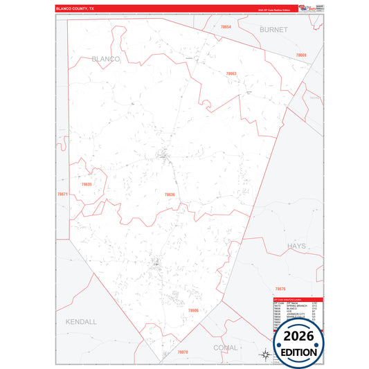 Blanco County, TX Red Line 5 Digit ZIP Code Wall Map