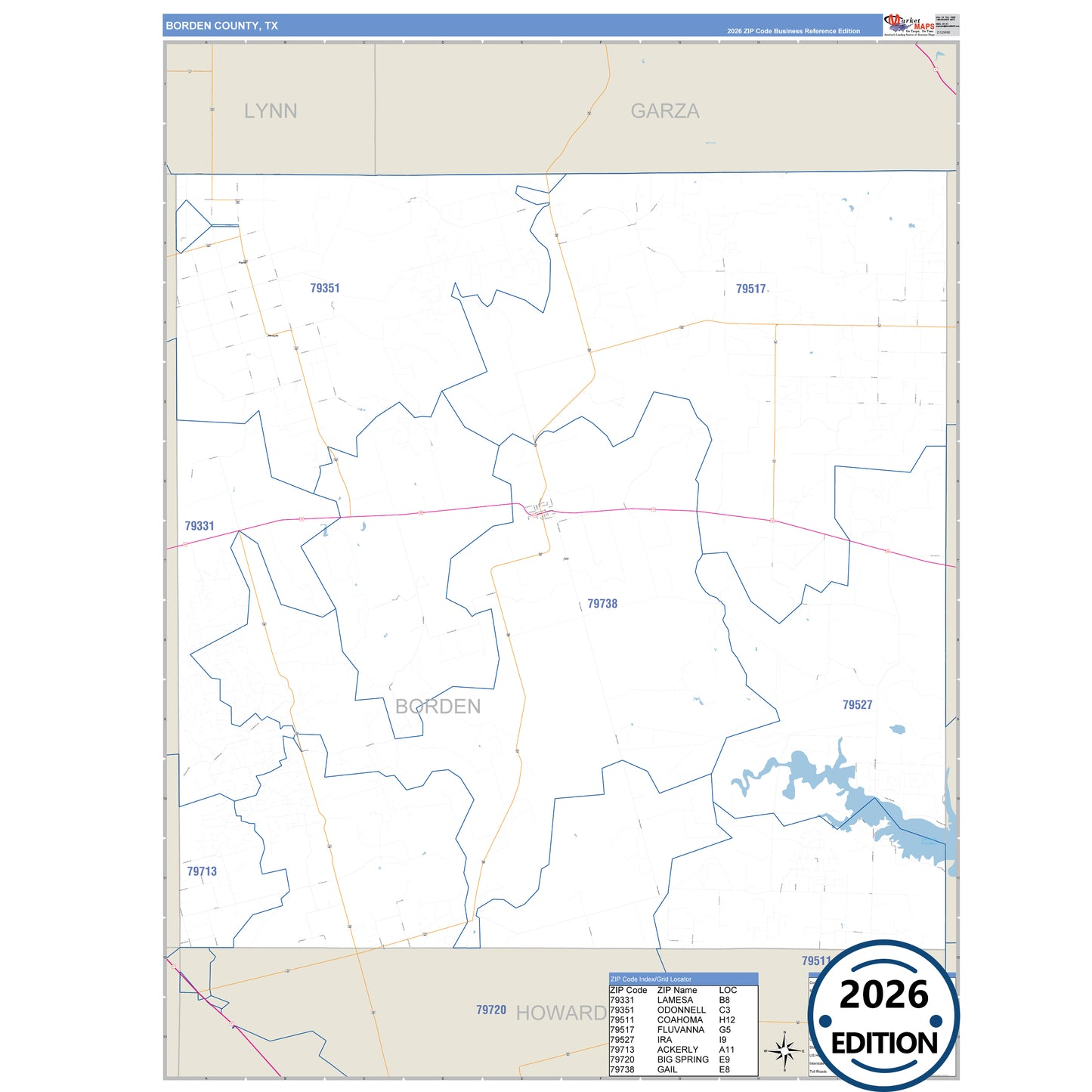 Borden County, TX Business Reference 5 Digit ZIP Code Wall Map