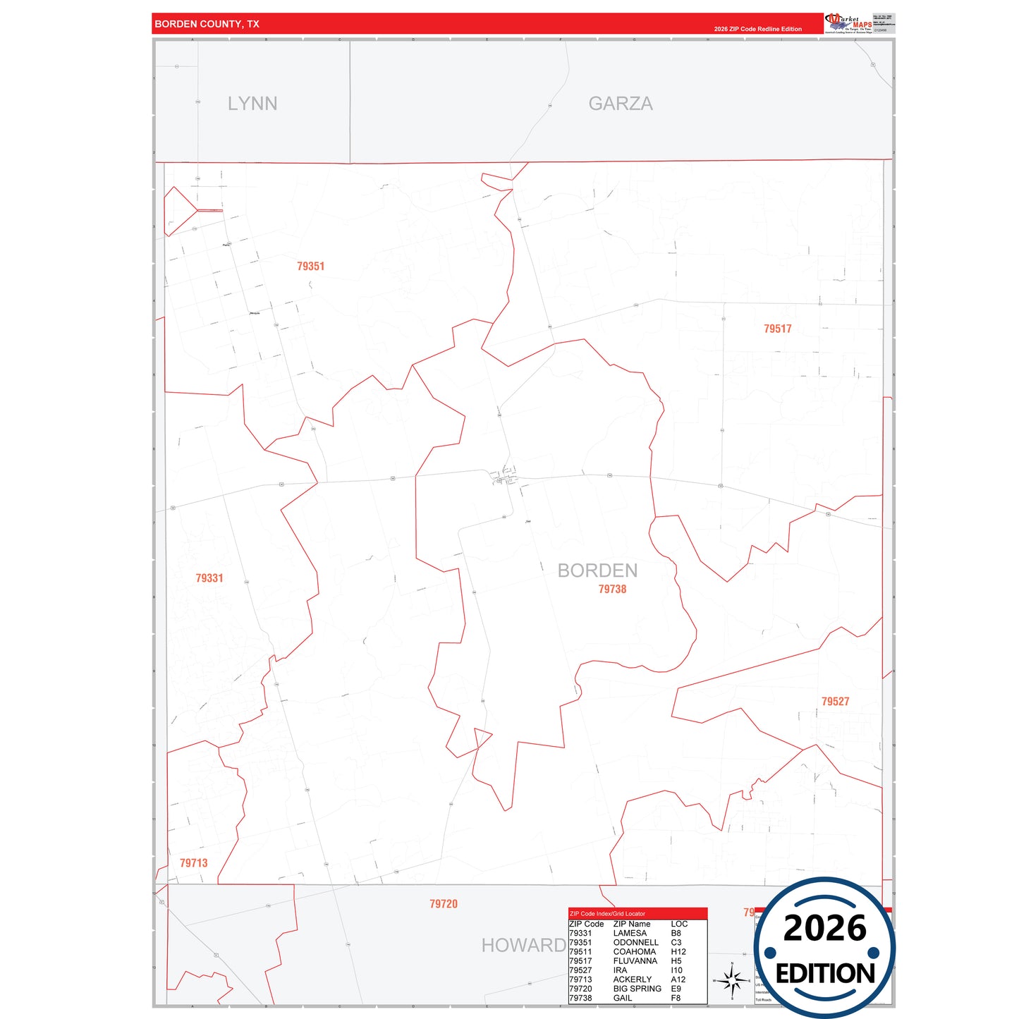 Borden County, TX Red Line 5 Digit ZIP Code Wall Map