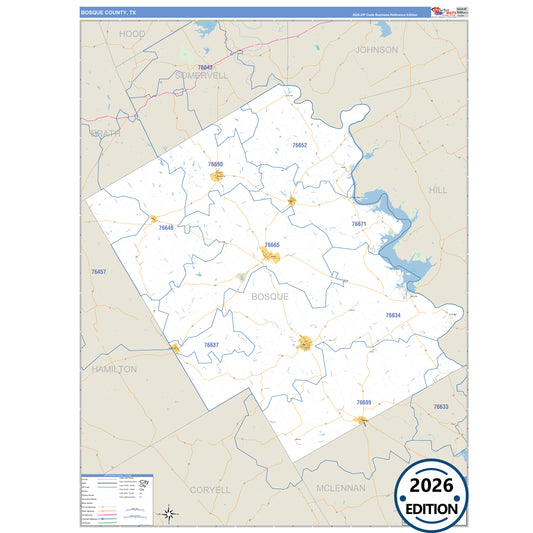 Bosque County, TX Business Reference 5 Digit ZIP Code Wall Map