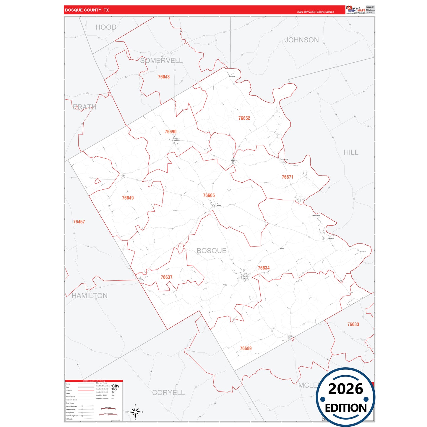 Bosque County, TX Red Line 5 Digit ZIP Code Wall Map