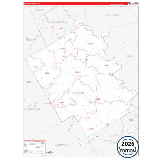 Bosque County, TX Red Line 5 Digit ZIP Code Wall Map