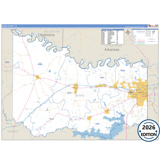 Bowie County, TX Business Reference 5 Digit ZIP Code Wall Map