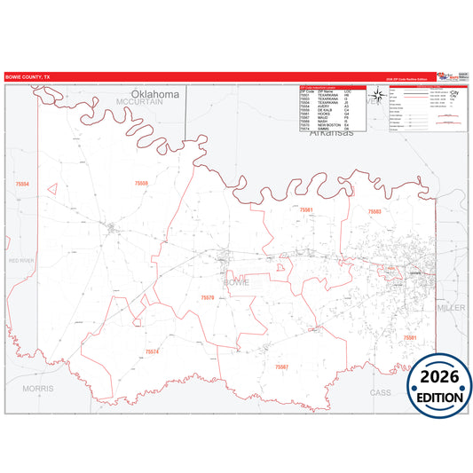 Bowie County, TX Red Line 5 Digit ZIP Code Wall Map