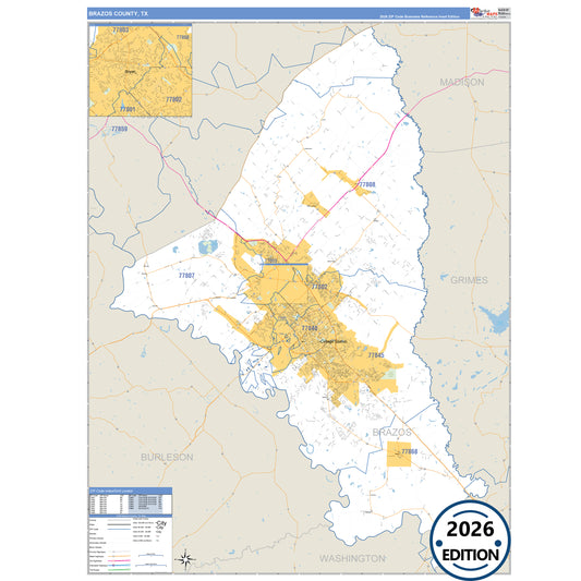 Brazos County, TX Business Reference 5 Digit ZIP Code Wall Map