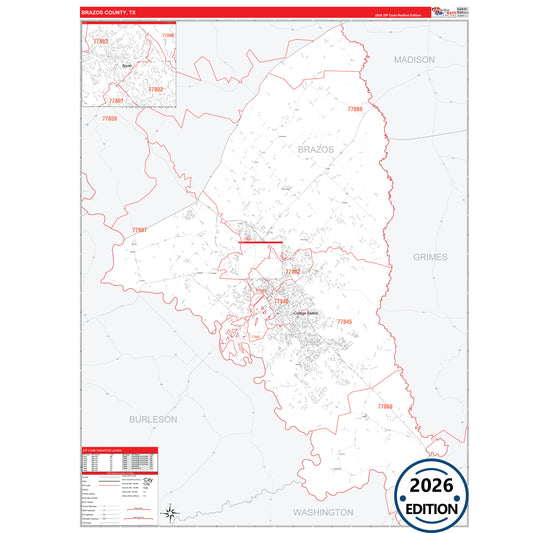 Brazos County, TX Red Line 5 Digit ZIP Code Wall Map