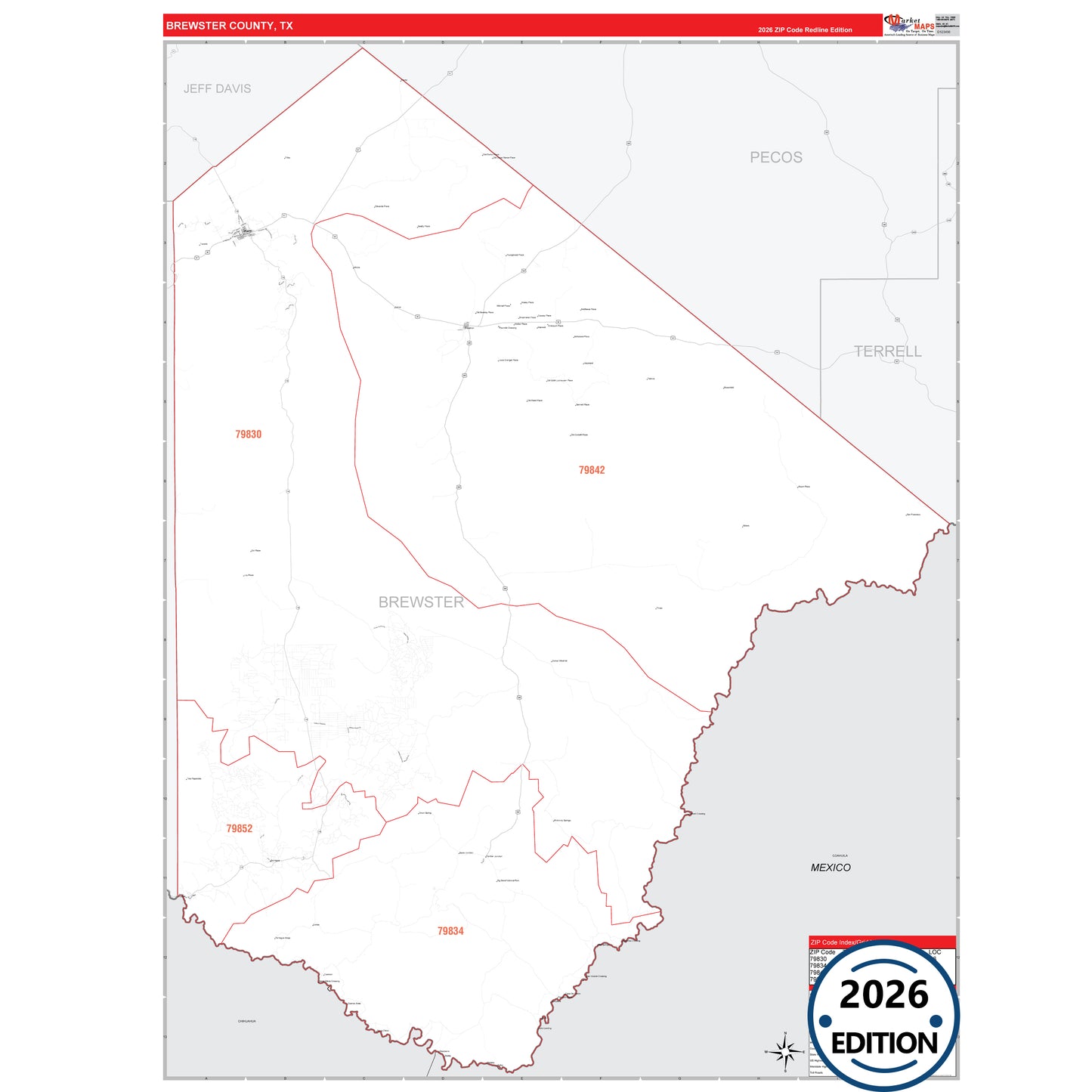 Brewster County, TX Red Line 5 Digit ZIP Code Wall Map