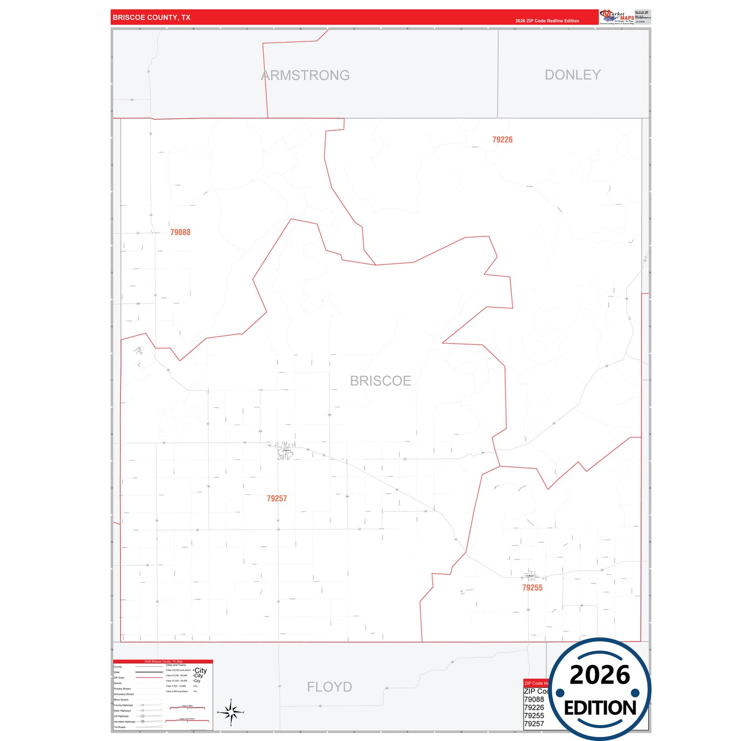 Briscoe County, TX Red Line 5 Digit ZIP Code Wall Map