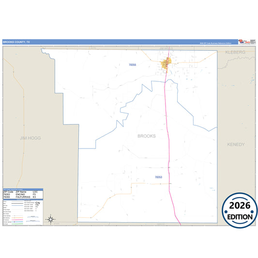 Brooks County, TX Business Reference 5 Digit ZIP Code Wall Map