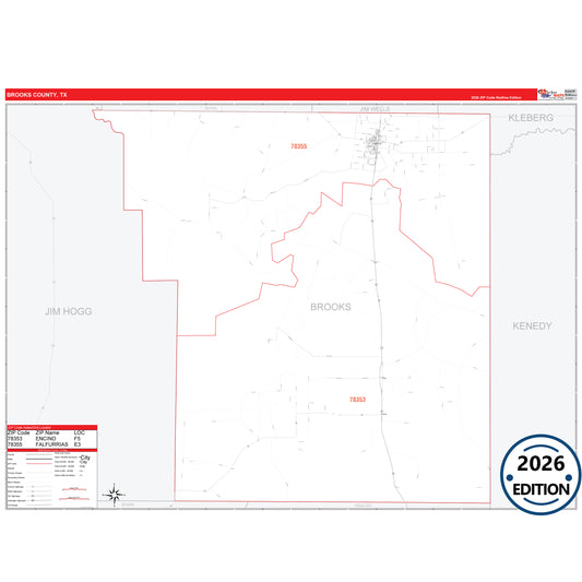 Brooks County, TX Red Line 5 Digit ZIP Code Wall Map