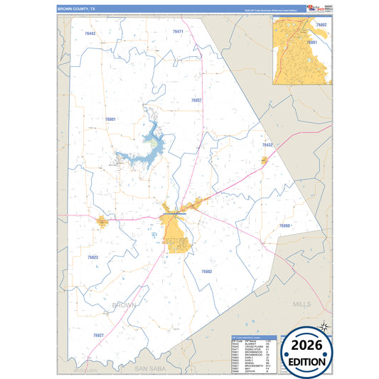 Brown County, TX Business Reference 5 Digit ZIP Code Wall Map