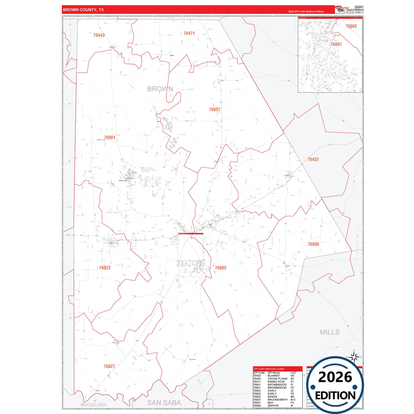 Brown County, TX Red Line 5 Digit ZIP Code Wall Map