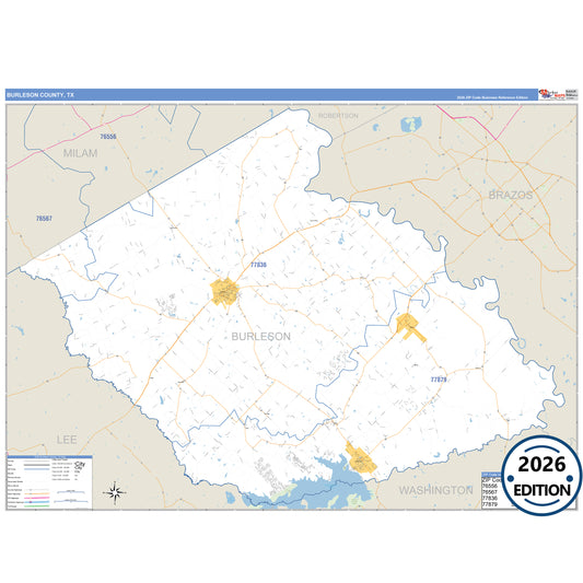 Burleson County, TX Business Reference 5 Digit ZIP Code Wall Map