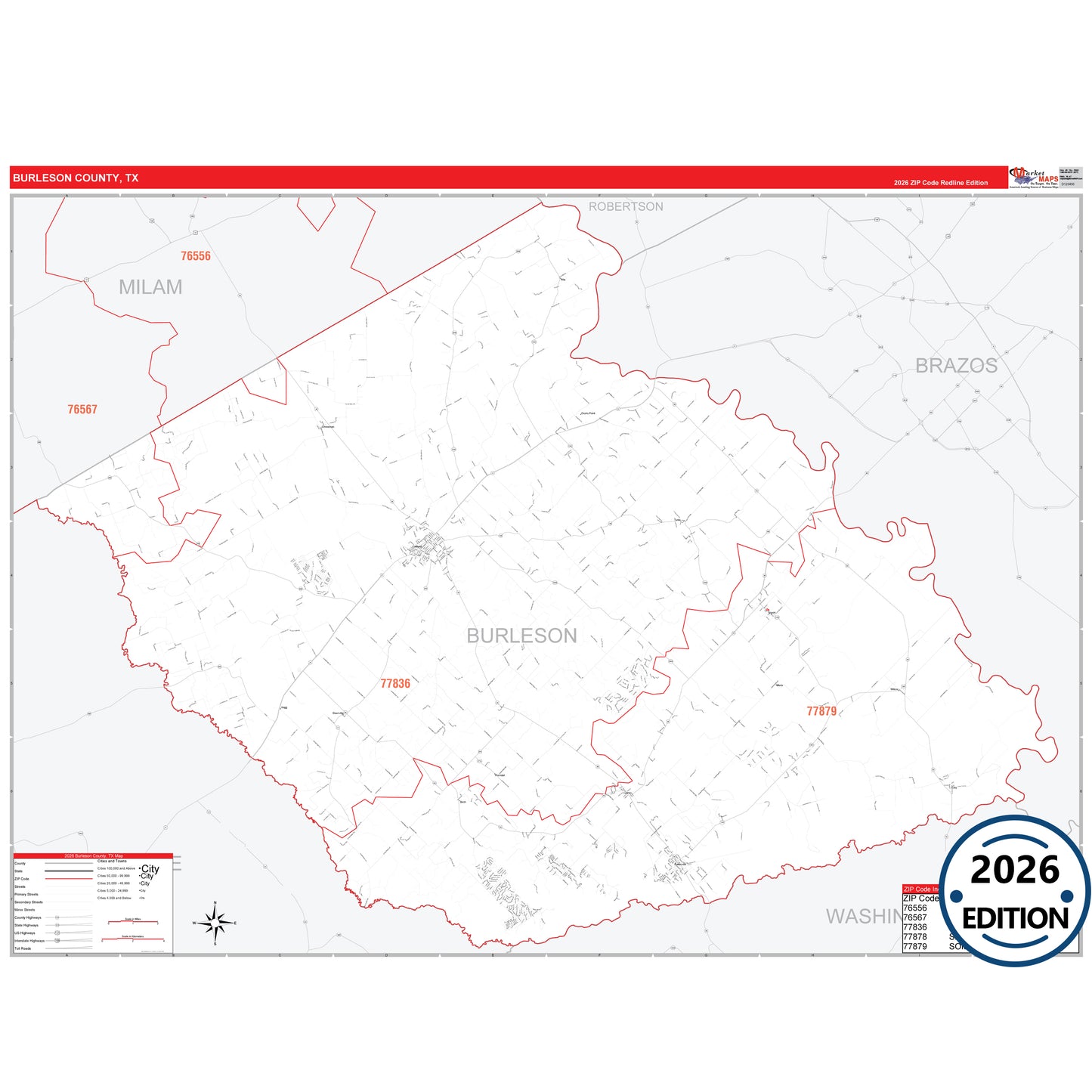 Burleson County, TX Red Line 5 Digit ZIP Code Wall Map