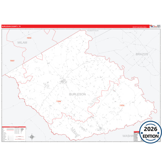 Burleson County, TX Red Line 5 Digit ZIP Code Wall Map
