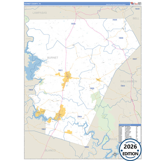 Burnet County, TX Business Reference 5 Digit ZIP Code Wall Map
