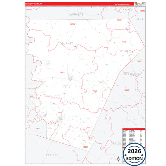 Burnet County, TX Red Line 5 Digit ZIP Code Wall Map