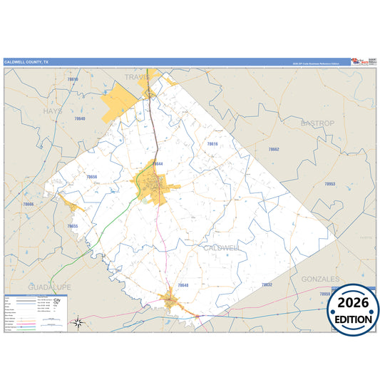 Caldwell County, TX Business Reference 5 Digit ZIP Code Wall Map