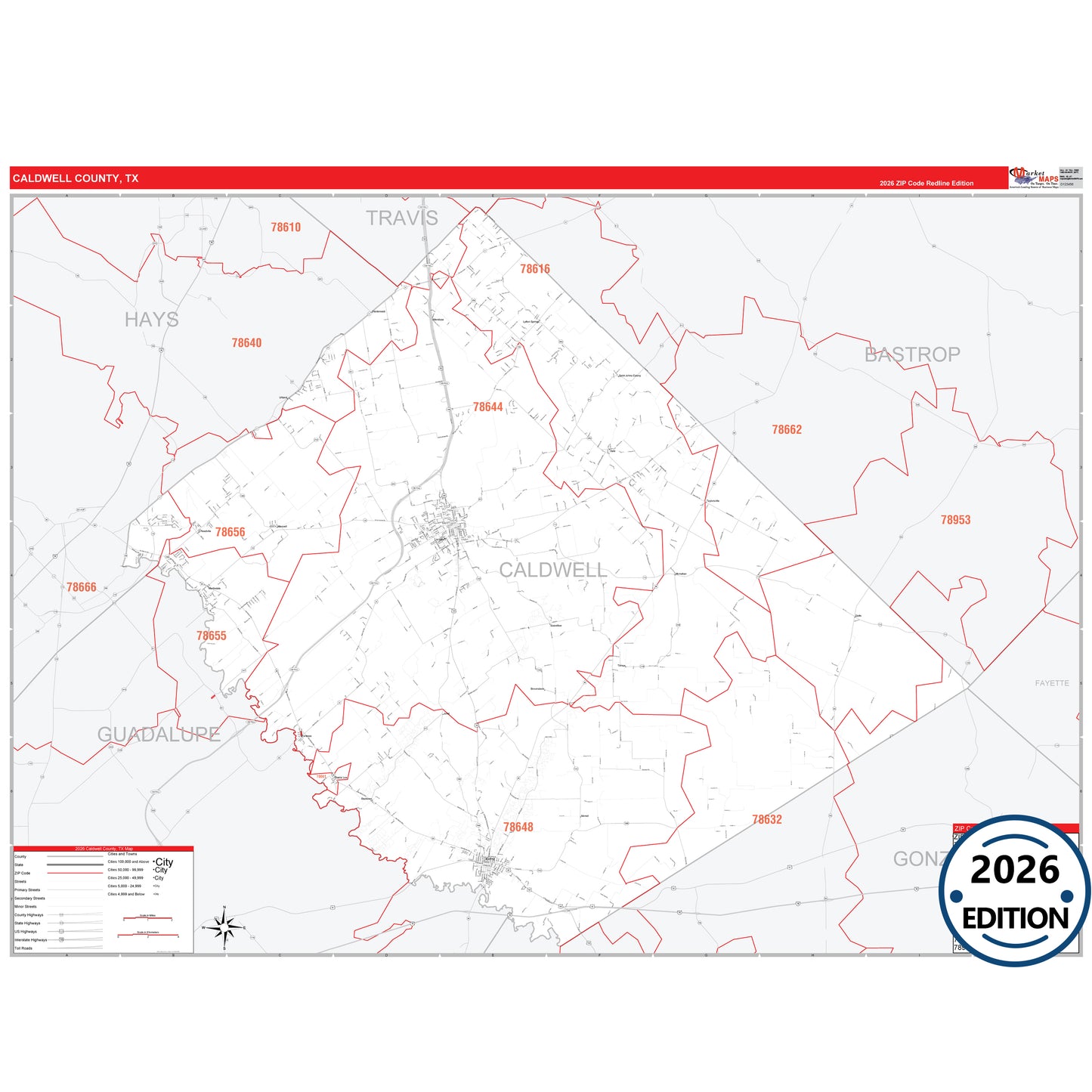 Caldwell County, TX Red Line 5 Digit ZIP Code Wall Map