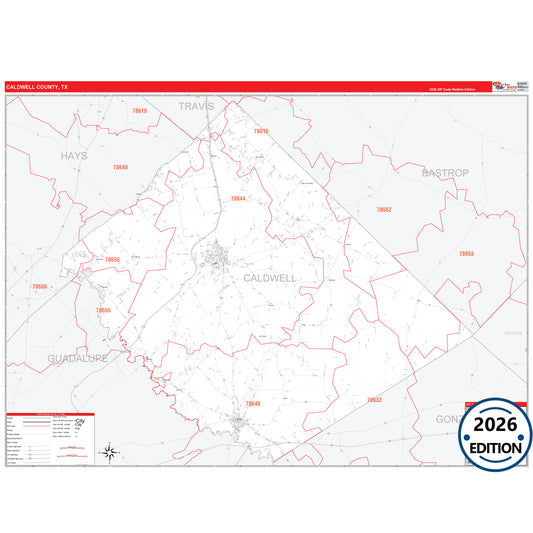 Caldwell County, TX Red Line 5 Digit ZIP Code Wall Map