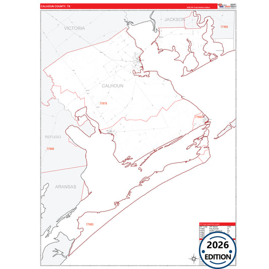 Calhoun County, TX Red Line 5 Digit ZIP Code Wall Map