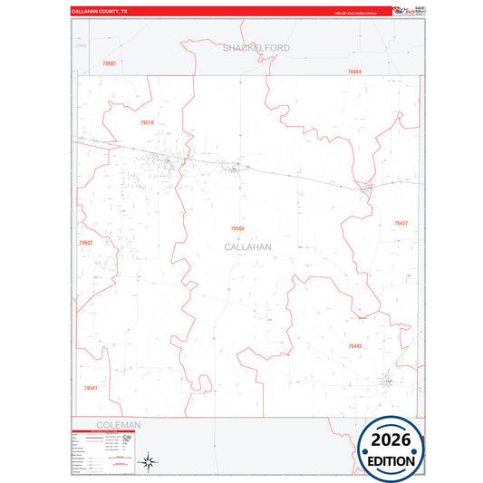 Callahan County, TX Red Line 5 Digit ZIP Code Wall Map