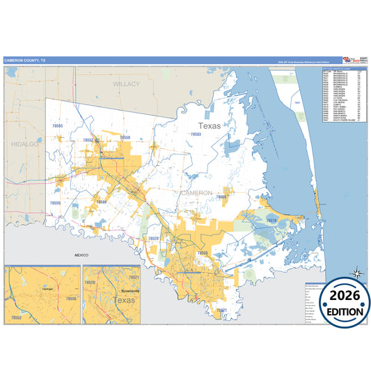 Cameron County, TX Business Reference 5 Digit ZIP Code Wall Map