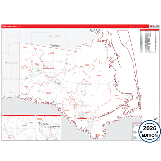 Cameron County, TX Red Line 5 Digit ZIP Code Wall Map
