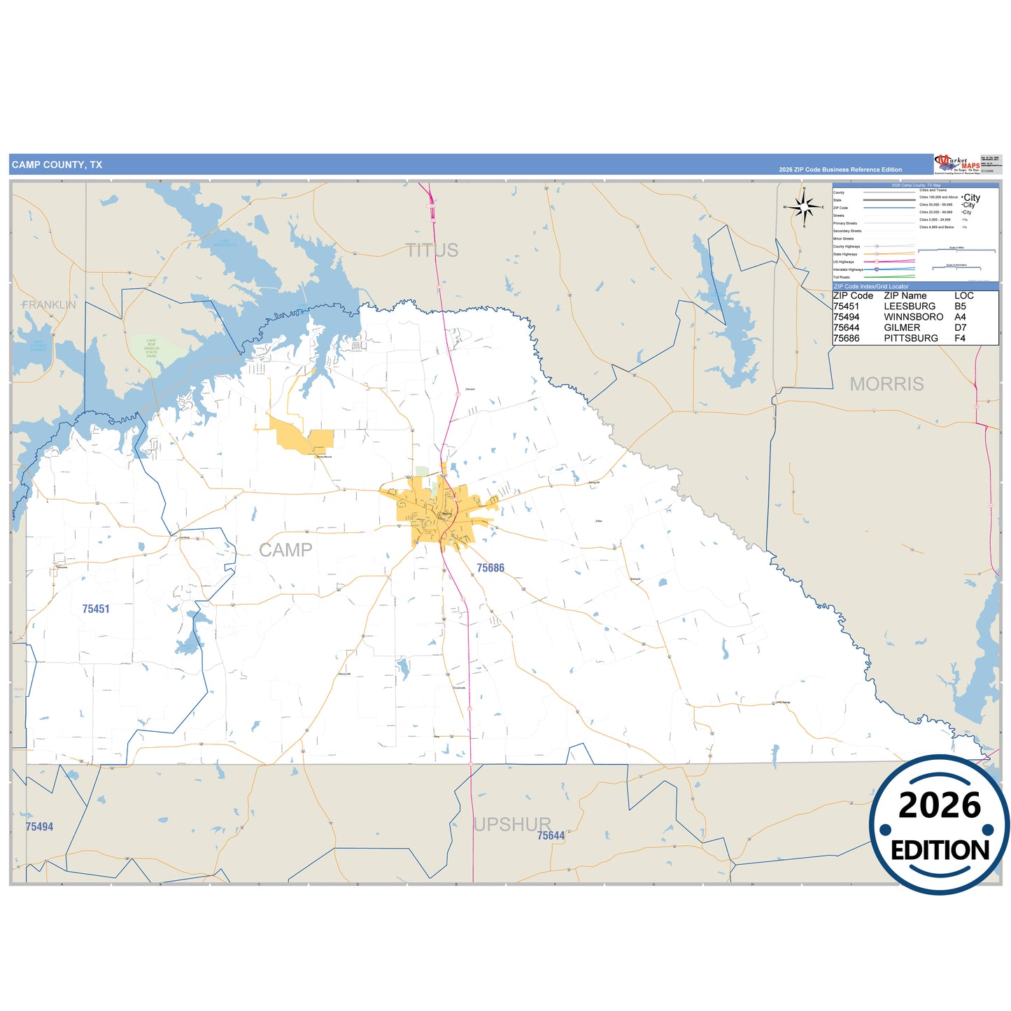 Camp County, TX Business Reference 5 Digit ZIP Code Wall Map