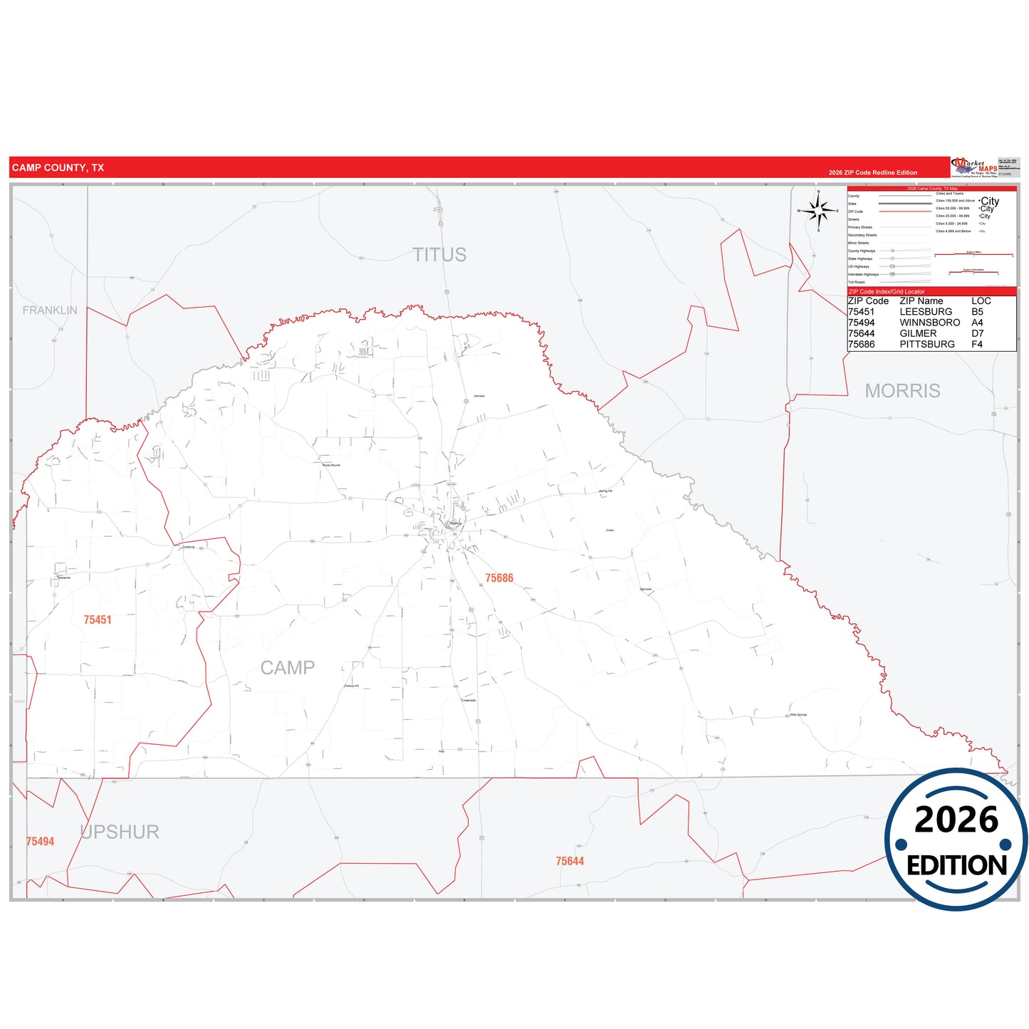 Camp County, TX Red Line 5 Digit ZIP Code Wall Map