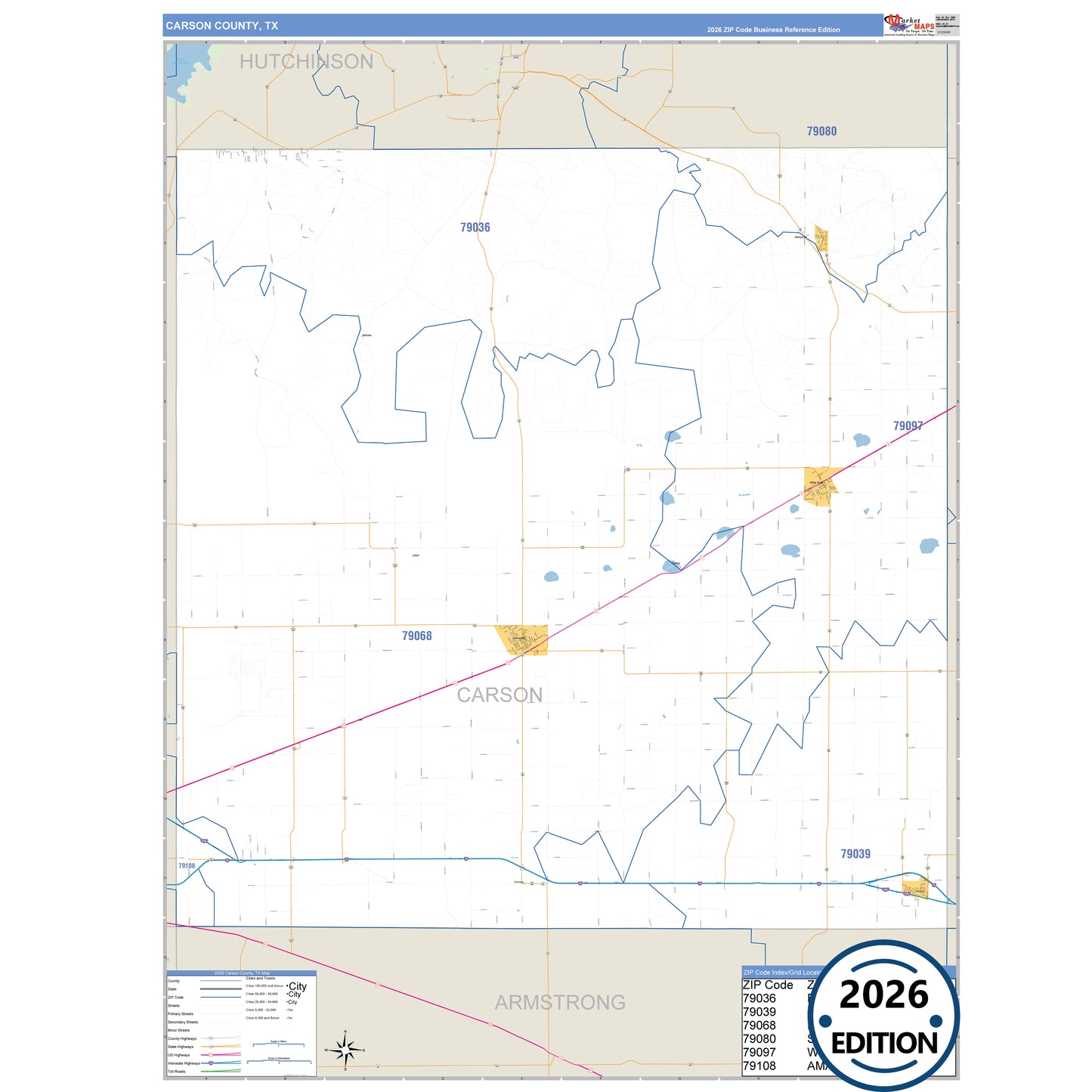 Carson County, TX Business Reference 5 Digit ZIP Code Wall Map