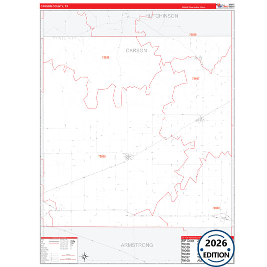Carson County, TX Red Line 5 Digit ZIP Code Wall Map